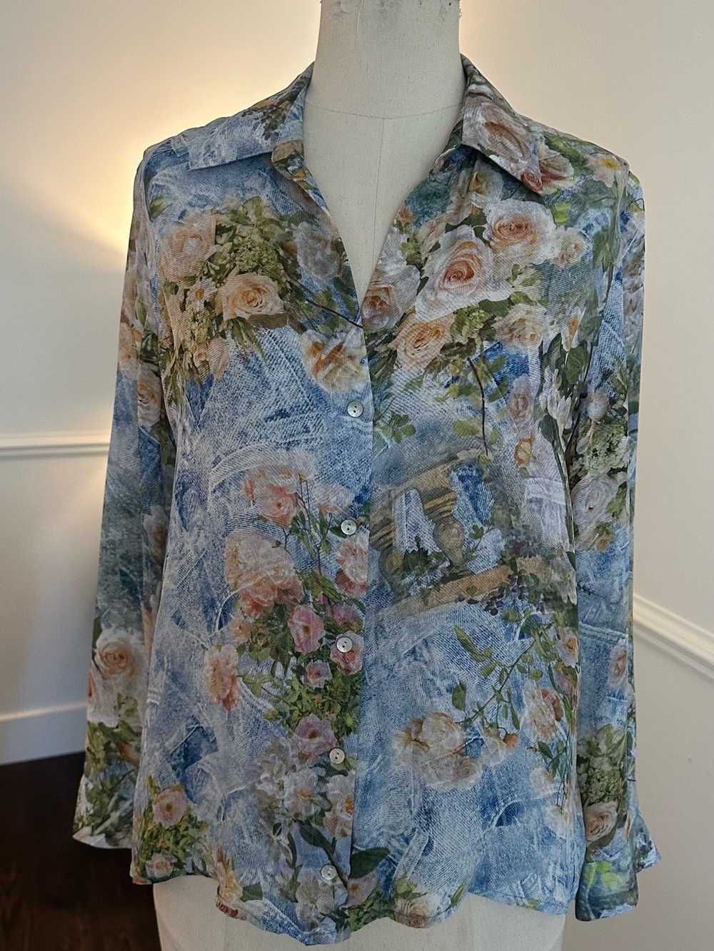L’agence Floral Button-Front Women's Blouse in Blue and Pink